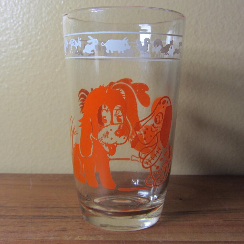 6 oz rooster puppies vintage juice glass Kiddie Kup Orange Kraft Foods (W4567)